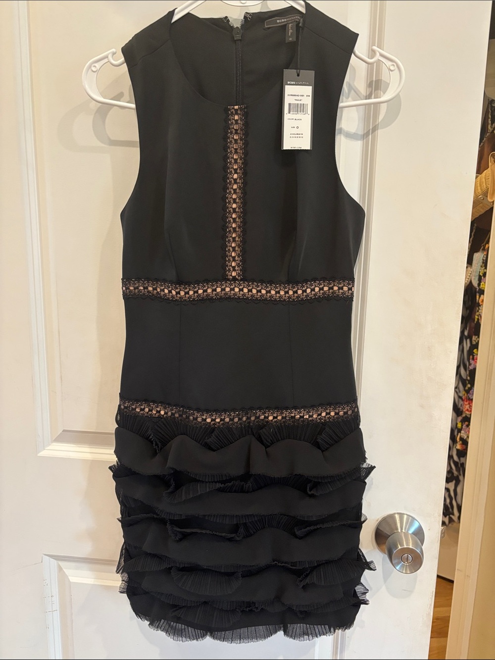 BCBGMaxAzria Black Sleeveless Ruffle Hem Dress with Crochet Insets